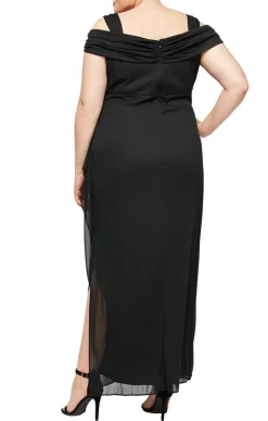 Plus Cold Shoulder Mesh Gown With Cowl Neckline & Overlay Skirt