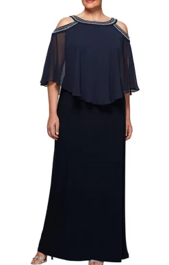 Plus Cold Shoulder Popover Jersey & Chiffon Gown With Beaded Neckline