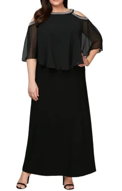 Plus Cold Shoulder Popover Jersey & Chiffon Gown With Beaded Neckline
