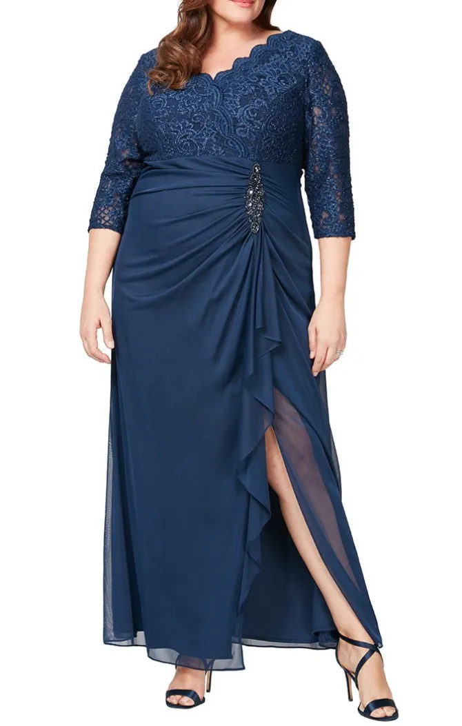 Plus Empire Waist Lace & Mesh Dress With Surplice Neckline & Beaded Ruched Detail Cascade Skirt