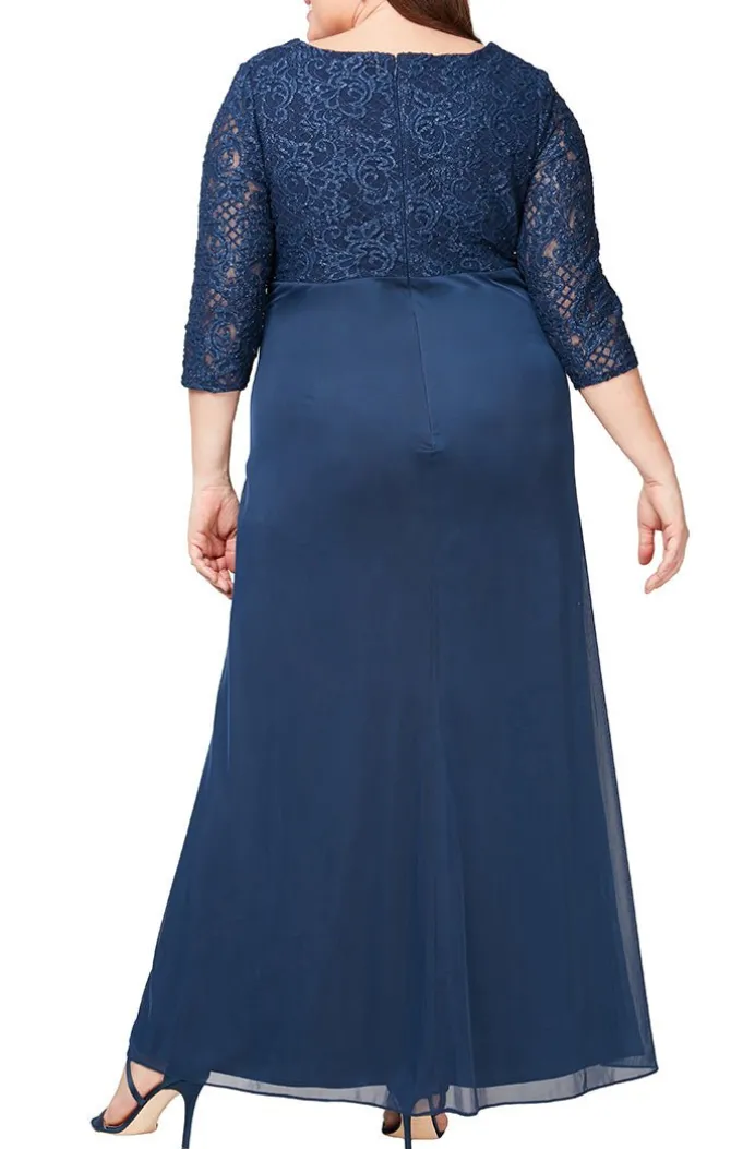 Plus Empire Waist Lace & Mesh Dress With Surplice Neckline & Beaded Ruched Detail Cascade Skirt