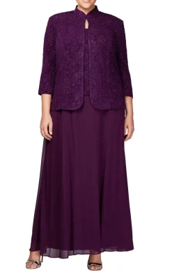 Plus Glitter Jacquard Knit Jacket Dress With Mandarin Neckline