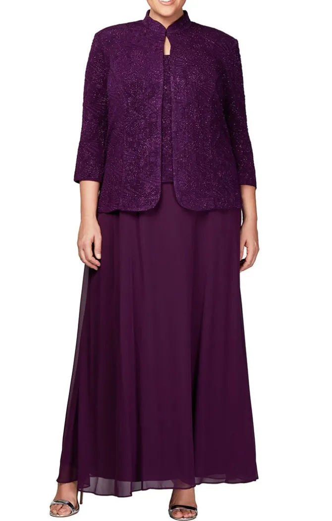 Plus Glitter Jacquard Knit Jacket Dress With Mandarin Neckline