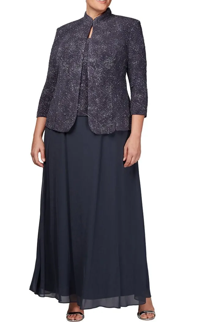 Plus Glitter Jacquard Knit Jacket Dress With Mandarin Neckline