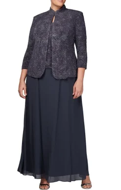 Plus Glitter Jacquard Knit Jacket Dress With Mandarin Neckline