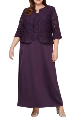 Plus Glitter Lace & Satin Skirt Jacket Dress With Open Jacket