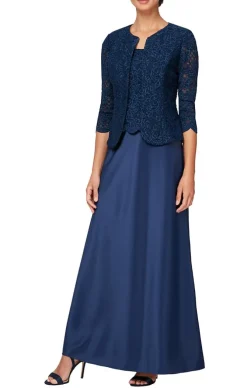 Plus Glitter Lace & Satin Skirt Jacket Dress With Open Jacket