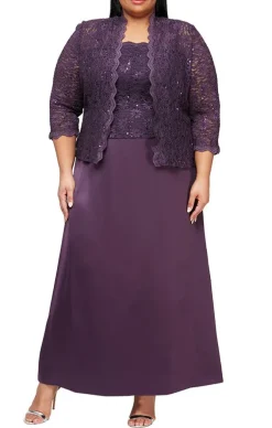Plus Lace & Satin Gown With 3/4 Sleeve Scalloped Lace Jacket