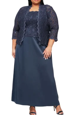 Plus Lace & Satin Gown With 3/4 Sleeve Scalloped Lace Jacket