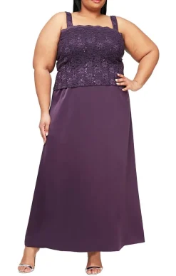 Plus Lace & Satin Gown With 3/4 Sleeve Scalloped Lace Jacket