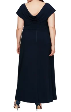 Plus Long Cowl Neck A-Line Matte Jersey Dress With Pleated Bodice Detail, Cowl Back, And Embellishment Detail At Waist