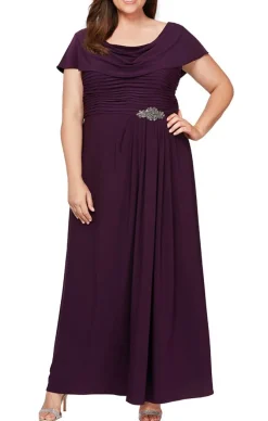 Plus Long Cowl Neck A-Line Matte Jersey Dress With Pleated Bodice Detail, Cowl Back, And Embellishment Detail At Waist