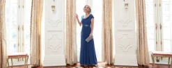 Plus Long Cowl Neck A-Line Matte Jersey Dress With Pleated Bodice Detail, Cowl Back, And Embellishment Detail At Waist