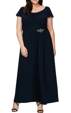 Plus Long Cowl Neck A-Line Matte Jersey Dress With Pleated Bodice Detail, Cowl Back, And Embellishment Detail At Waist