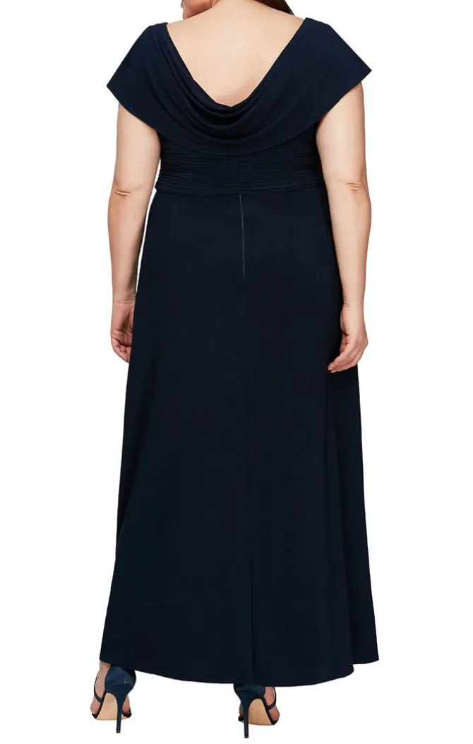Plus Long Cowl Neck A-Line Matte Jersey Dress With Pleated Bodice Detail, Cowl Back, And Embellishment Detail At Waist