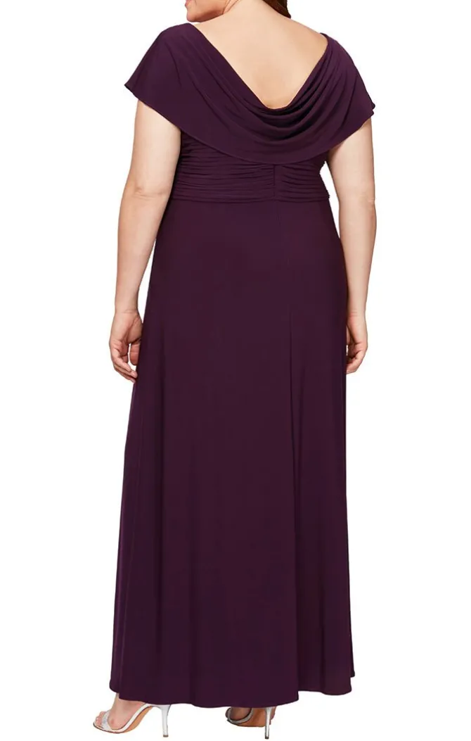 Plus Long Cowl Neck A-Line Matte Jersey Dress With Pleated Bodice Detail, Cowl Back, And Embellishment Detail At Waist