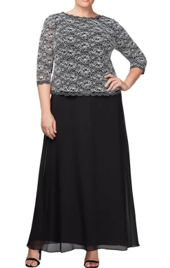 Plus Long Gown With Lace Bodice With 3/4 Illusion Sleeves, Scalloped Hem Detail And Chiffon Skirt