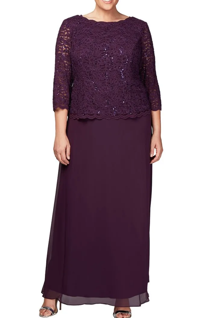 Plus Long Gown With Sequin Lace Bodice & Chiffon Skirt