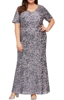 Plus Long Sequin V-Neck Dress With Short Sleeves