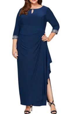 Plus Matte Jersey Dress With Keyhole Cutout Neckline And Embellished Sleeves/Neckline