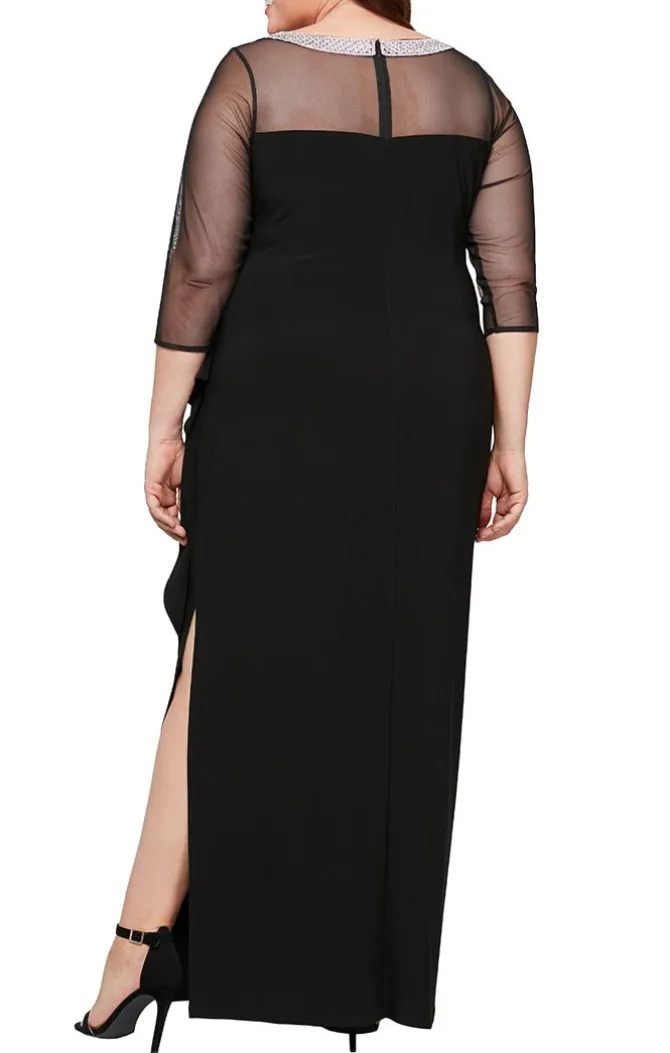 Plus Matte Jersey Side Ruched Dress With Embellished Neckline & Illusion Sleeves