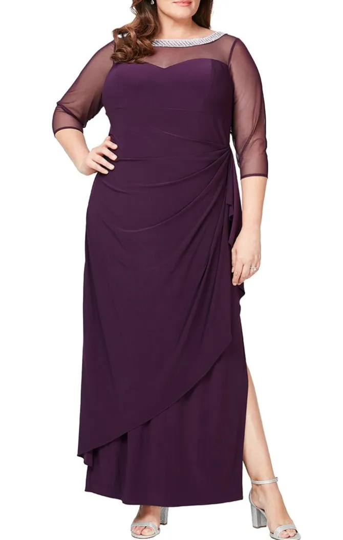 Plus Matte Jersey Side Ruched Dress With Embellished Neckline & Illusion Sleeves