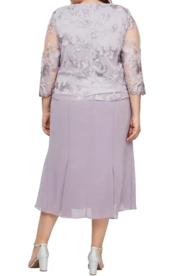 Plus Mock Jacket Dress With Illusion Sleeves, Scallop Detail & A-Line Chiffon Skirt