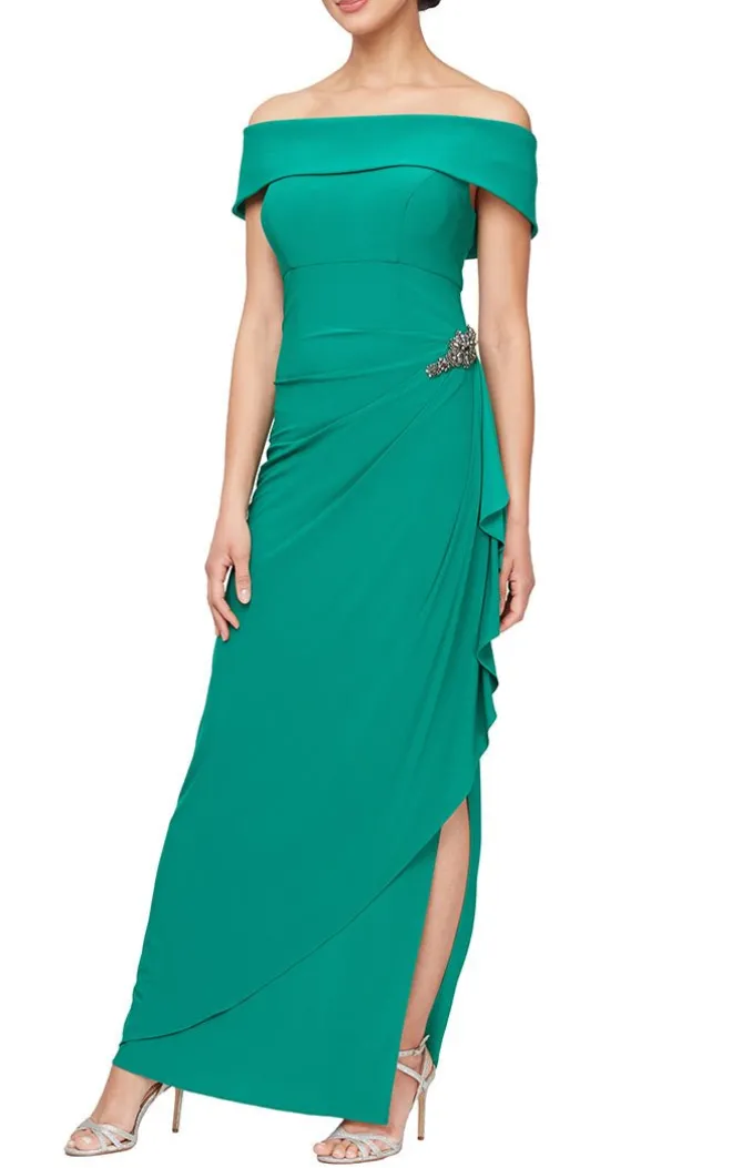 Plus Off The Shoulder Dress With Foldover Cuff, Embellishment Detail At Hip & Front Slit