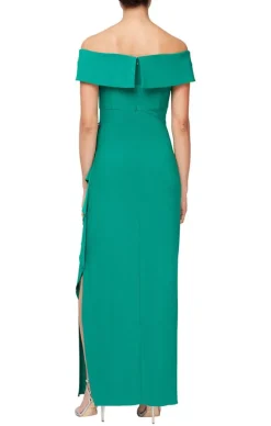 Plus Off The Shoulder Dress With Foldover Cuff, Embellishment Detail At Hip & Front Slit