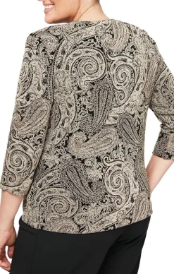 Plus Printed 3/4 Sleeve Slinky Twinset With Glitter Detail And Hook And Eye Closure At Neck