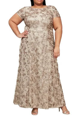 Plus Rosette A-Line Gown With Sequin Detail & Short Illusion Sleeves