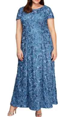 Plus Rosette A-Line Gown With Sequin Detail & Short Illusion Sleeves