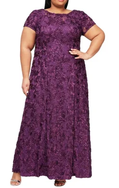 Plus Rosette A-Line Gown With Sequin Detail & Short Illusion Sleeves