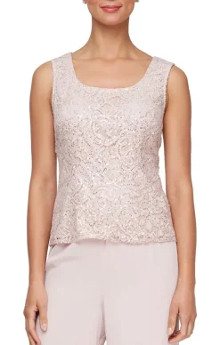 Plus Sequin Lace Twinset With Scoop Neck Tank & Embellished Closure Jacket