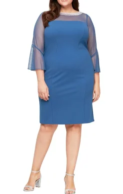 Plus Sheath Crepe Cocktail Dress With Beaded Illusion Neckline & Bell Sleeves