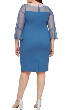 Plus Sheath Crepe Cocktail Dress With Beaded Illusion Neckline & Bell Sleeves
