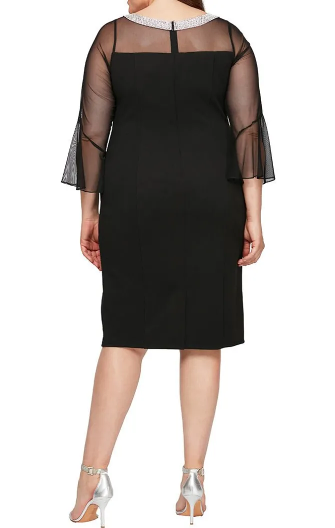 Plus Sheath Crepe Cocktail Dress With Beaded Illusion Neckline & Bell Sleeves