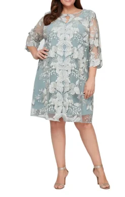 Plus Short Embroidered Elongated Lace Mock Jacket With Jersey Sheath Dress