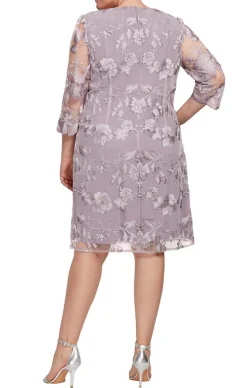 Plus Short Embroidered Elongated Lace Mock Jacket With Jersey Sheath Dress
