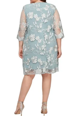 Plus Short Embroidered Elongated Lace Mock Jacket With Jersey Sheath Dress