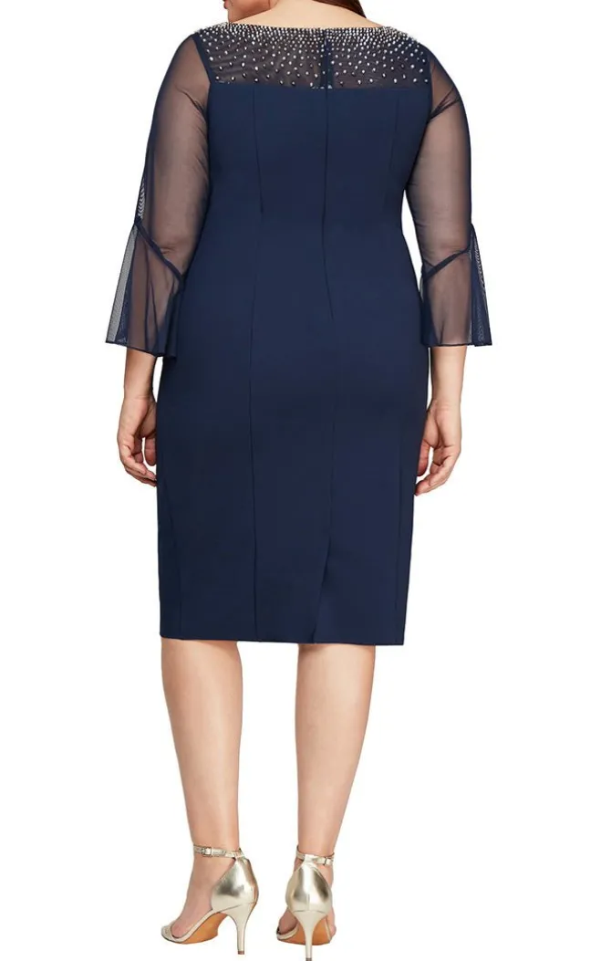 Plus Short Sheath Crepe Dress With Embellished Illusion Mesh Neckline And Bell Sleeves