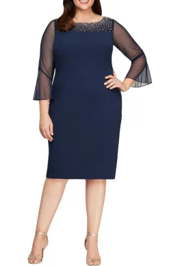Plus Short Sheath Crepe Dress With Embellished Illusion Mesh Neckline And Bell Sleeves