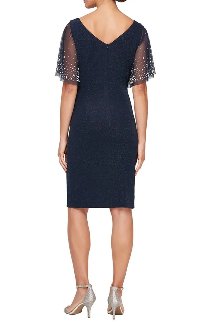 Plus Short Sheath Dress With Beaded Illusion Flutter Sleeves