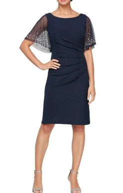 Plus Short Sheath Dress With Beaded Illusion Flutter Sleeves