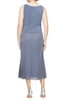 Plus Tea Length Pleated Glitter Mesh Jacket Dress With Hook Neck Closure Jacket And Square Neck Bodice