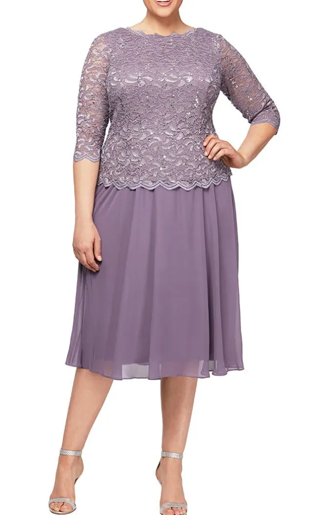 Plus Tea-Length Dress With Sequin Lace Bodice & Chiffon Skirt