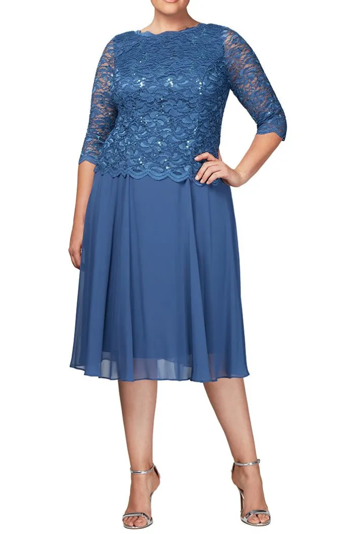 Plus Tea-Length Dress With Sequin Lace Bodice & Chiffon Skirt