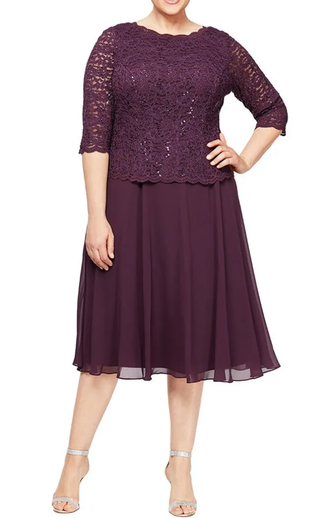 Plus Tea-Length Dress With Sequin Lace Bodice & Chiffon Skirt
