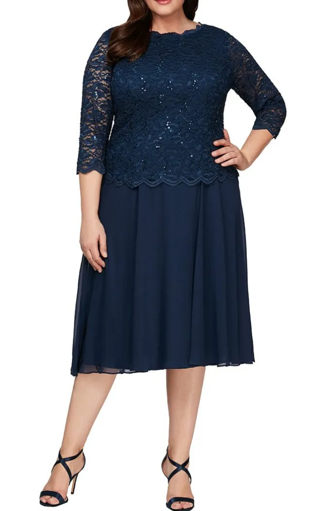 Plus Tea-Length Dress With Sequin Lace Bodice & Chiffon Skirt