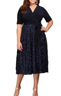 Plus Tea-Length Lace & Jersey Cocktail Dress With Full Rosette Lace Skirt And Tie Belt
